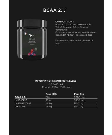 BCAA Team Nutrition 2.1.1 Powder | High Quality Weight Gain | Leucine L-Isoleucine L-Valine | Ideal for All Sports Goals | 250g | French Brand - Buy Online on GoSupps.com