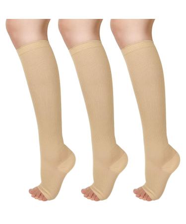 3 Pairs Open Toe Compression Socks Women Knee High Toeless 15-25 mmHg (S/M) Beige Medium (6 Count)
