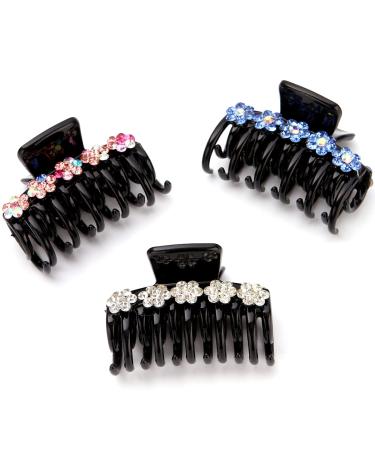 LONEEDY 3PCS Strong Hold Hair Claw Clips  Rhinestone Flower Double Teeth Jaw Clips (Color + Light Blue + Silver (Medium))