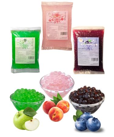 Bubble tea popping boba mix - 3 x 600g peach+green apple+blueberry boba fruit beads - nature & gluten -free boba pearls - make bubble tea topping for diy peach+green apple+blueberry pack with 3