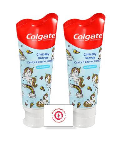 Colgate Kids Fluoride Anticavity Toothpaste for Ages 2+ | Cavity & Enamel Protection | Mild Bubble Fruit Flavor - 2 Tubes Plus Muchai Card Unicorn