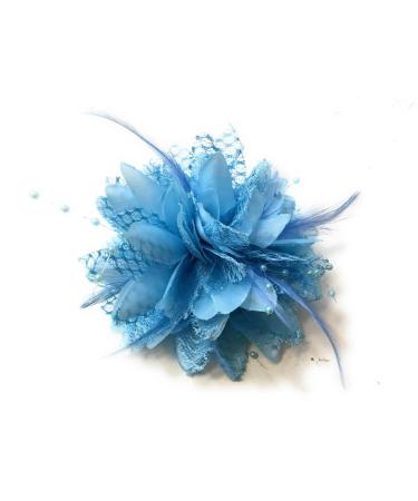 Flower Feather Bead Corsage Hair Clips Fascinator Hairband and Pin (Light Blue)