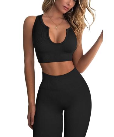 QINSEN Workout Outfits for Women 2 Piece Ribbed Seamless Crop Tank High Waist Yoga Leggings Sets Large Black