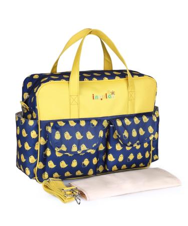 Kamay's Multifunctional Waterproof Mummy Shoulder Bag Diaper Bag Chic Nappy Changing Bag Tote/Messenger Style Large Light Weight with Changing Mat Adjustable Straps (Dark Blue Yellow Chick)