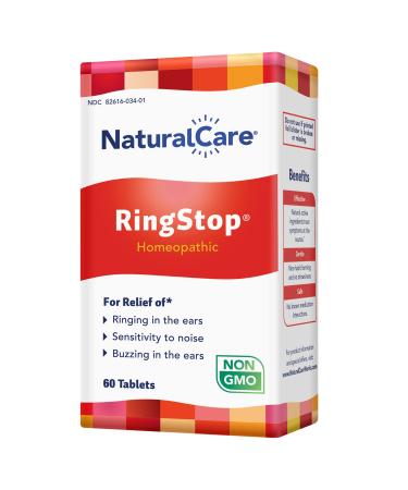 NaturalCare RingStop, Tinnitus Relief for Ringing Ears, Sensitivity to Noise, Buzzing, Ear Ringing Relief Homeopathic, Non-GMO, Non-Habit Forming, Non Drowsy, 60 Day Money-Back Guarantee, 60 Tablets