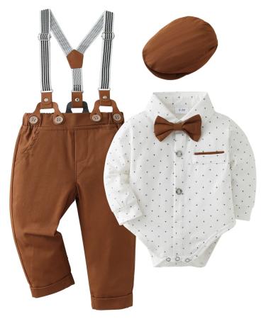 Amissz Baby Boy Gentleman Clothes Suit 0-18 Months Infant Formal Long Sleeve Tuxedo Romper Jumpsuit + Suspender Pants + Beret Hat 3pcs 12-18 Months White