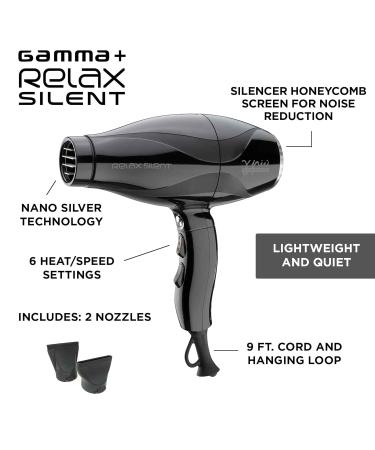Gamma+ Relax Silent Ionic Hair Dryer - 6-Speed Lightweight Noise Reduction Professional with Concentrator Nozzle - Black - International Shipping Available - Buy Online on GoSupps.com