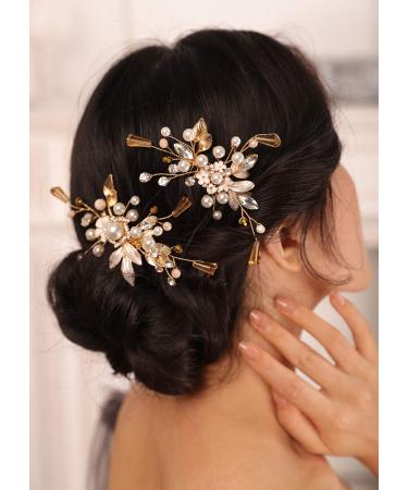 Kercisbeauty Gold Leaf Champagne Crystal Hair Comb Set for Women Wedding Bridal Hair Accessories Hair Styling Art Deco Boho Jewelry