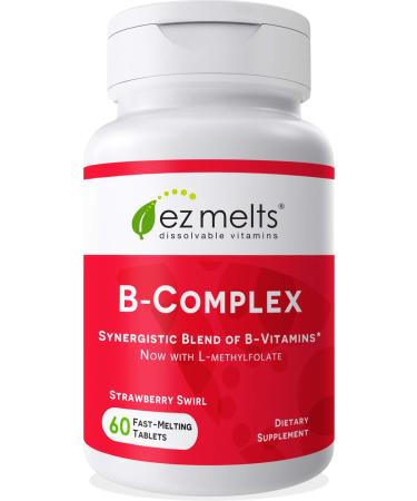 EZ Melts B-Complex with Methylcobalamin and Methylfolate, Sublingual Vitamins, Vegan, Zero Sugar, Natural Strawberry Flavor, 60 Fast Dissolve Tablets