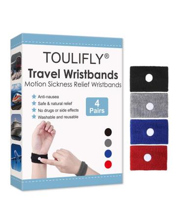 Travel Wristbands,Travel Motion Sickness Relief Wrist Band,Natural Nausea Relief (Black/Grey/Blue/red) Black+grey+blue+red