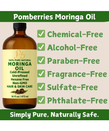 Pomberries Moringa Oil 100% Pure Cold-Pressed & Unrefined Moringa Seed Oil for Face Skin Hair & Body Hydrating Anti-Aging Moisturizer 16 fl oz Amber Glass Bottle with Pump - Buy Online on GoSupps.com