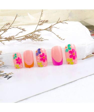 Spring Flower Press on Nails - Medium Square Glossy Fake Nails with Colorful Daisy Pattern - 24Pcs Full Cover Stick on Nails for Nail Art Decorations - Buy Online on GoSupps.com