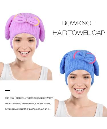 Haomye Microfiber Hair Drying Towel Set with Bow-Knot Shower Cap - Quick Dry Hair Turban for Women and Girls - 2Pcs (Blue & Purple) - Buy Online on GoSupps.com