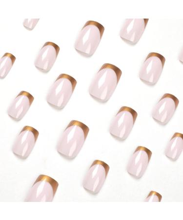 JUSTOTRY 24 Pcs Short Chrome Gold French Press on Square False Nails with Nail Glue - Nude Stick on Nails for Women's Art - Buy Online on GoSupps.com