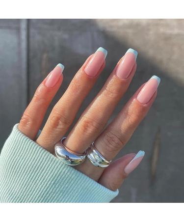 Sethexy Short Square False Nails French Press on Nails 24Pcs Acrylic Nails Stick on for Women and Girls Mint Green