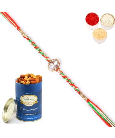 Ghasitaram Gifts Rakhi for Brother Rakhis Online - 6377 Fancy Thread Rakhi with 100 GMS of Dryfruits Mix Can