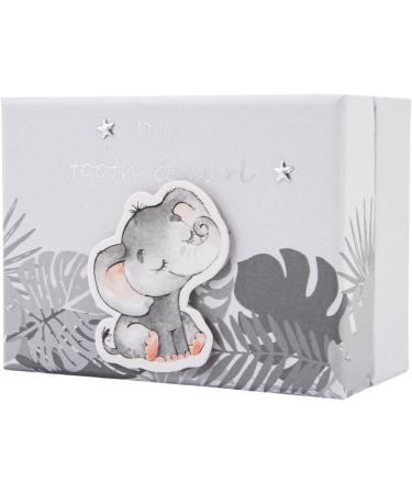 Cute Baby 3D Elephant Grey Tooth and Curl Keepsake Box | Silver Stars and Palm Leaves Design | 10cm x 5cm x 8cm - Buy Online on GoSupps.com