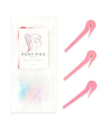 THE PONY PICK By Lolly - Elastic Rubber Bands Cutter for Hair - Elastic Hair Band Remover - Pain Free - Easy Removal - 3 Pack of Pink Pony Picks & 50 Colored Hair Elastics Easy Grip Tools & Accessories