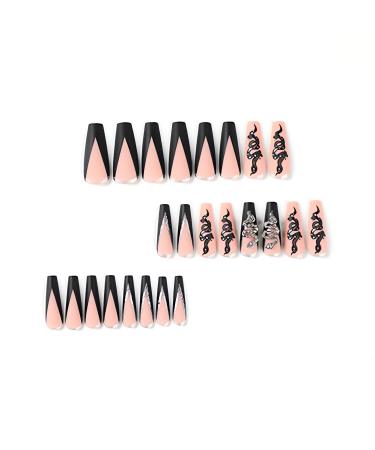 24 Pcs Long Coffin Black French Tip Press on Nails with Silver Snake Rhinestone - Exquisite Acrylic False Nails for Manicure Decoration - Buy Online on GoSupps.com