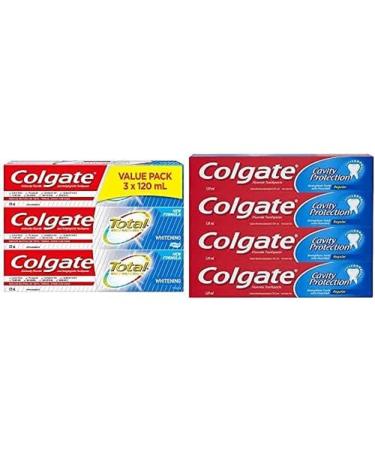 Colgate Total Whitening Toothpaste 120 mL 3 Pack + Colgate Cavity Protection Fluoride Toothpaste Regular 4 X 120 mL w/ Toothpaste