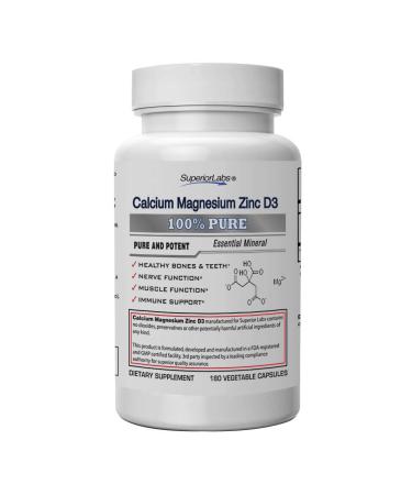 Superior Labs - Calcium Magnesium Zinc D3 - Essential Mineral Trio - 180 Vegetable Capsules - Healthy Bones & Teeth - Nerve Signaling - Muscle Function - Immune Support