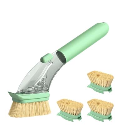Kitchen Sink Cleaning Brush - Automatic Filling Decontamination Sisal Pot Brush | Long Handle Sisal Pot Brush for Sink Cleaning Pans Foccar Green Handle + 4 high matching heads
