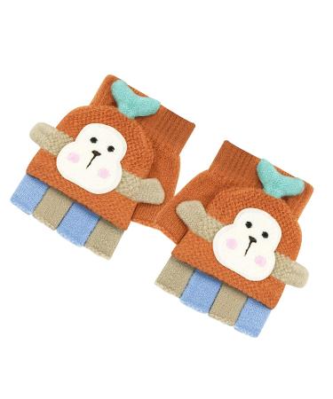 Aohhy Girls & Boys Winter Warm Gloves Children Cartoon Knitted Half Finger Mittens 1-5 years old Orange