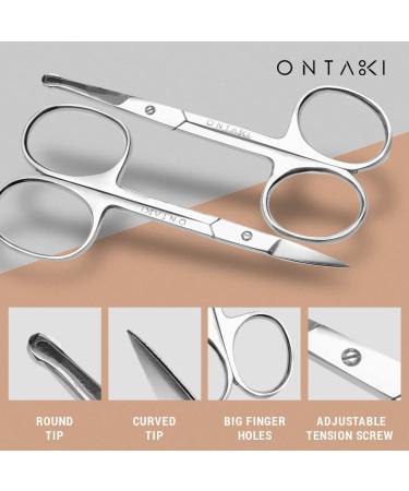 ONTAKI 2 Pack Facial Grooming & Nose Hair Scissors - Curved & Blunt Tips - Ideal Set for Trimming Moustache, Beard, Nose, Ears, Eyebrow - Silver - Buy Online on GoSupps.com