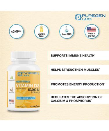 Puregen Labs Vitamin D3 50 000 IU (1250 mcg) 100 Weeks Supply for Healthy Muscle Function and Immune Support Non-GMO Gluten Free 100 Vegetable Capsules 100 Count (Pack of 1) - Buy Online on GoSupps.com