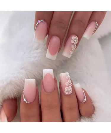 Medium Square Press on Nails French Tip Fake Nails Pink Full Cover False Nails with Flower and Rhinestones Designs Spring Glue on Nails Glossy Stick on Nails for Women and Girls 24Pcs Medium Style6