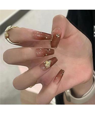 Press on Nails Long Fake Nails 24Pcs Shiny Caramel Gradient False fingernail with Self-Adhesive Jelly Nail Glue Tabs Press On False Nails