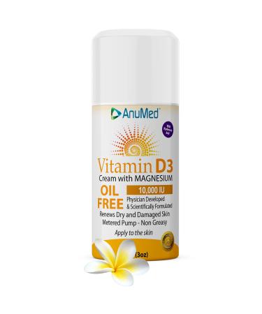 AnuMed - Vitamin D3 with Magnesium 10 000 IU Oil-Free Cream + Hyaluronic Acid for Healthy Skin Bones Joints. Moisturizing Cream for Dry Skin. Enriched with Nutrients & Vitamin E Non-Greasy (3oz)