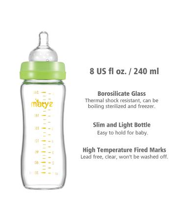 Matyz 8oz Glass Baby Feeding Bottle with Nipple - BPA Free, Easy to Hold & Clean - Green Lids - Wide Neck Breastmilk Bottle - Buy Online on GoSupps.com