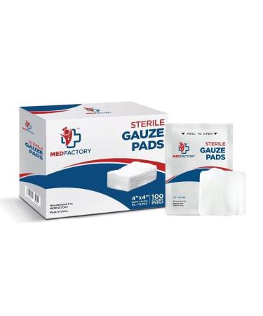 Medfactory 4 x 4 Sterile Gauze Pads for Wound Dressing Gauze Sponge-Pads for Wound Care & Home First Aid Kits- 100-Pack Individually Packed Pouches 12-Ply - 100% Cotton & Highly Absorbent 4 4 Inch ( pack of 100)