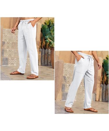 Gafeng Men's Linen Pants - Casual Summer Elastic Waist Drawstring Trousers with Pockets - Buy Online on GoSupps.com
