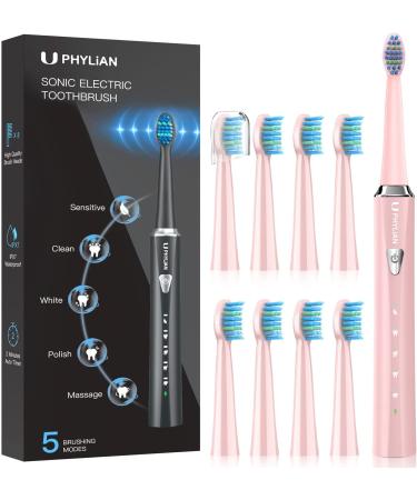 Sonic electric toothbrush sound toothbrush - Phylian H7 electric sound toothbrush Schall Electric Toothbrush with 8 replacement brushes 5 cleaning modes timer charging 3 hours lasts 120 days (pink)