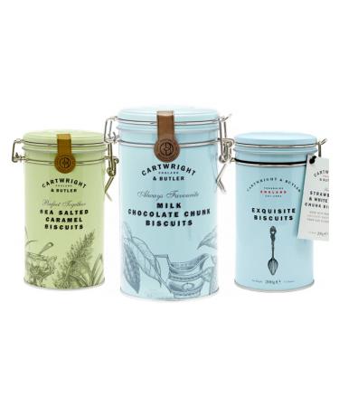 Cartwright & Butler Cartwright & Butler | Cookie Tin Trio | Presented in our reusable tins with clip-on lids | Includes milk chocolate salted caramel strawberry and white chocolate cookies