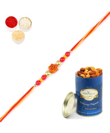 Ghasitaram Gifts Rakhis Online for Brother- 6074 Rakhi Thread with 100 GMS of Dryfruits Mix Can Rakhi Set with 100 gms of Dryfruits Mix Can
