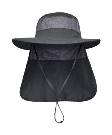 LCZTN Mens UPF 50+ Sun Protection Safari Cap Wide Brim Fishing Hiking Hat with Neck Flap for Garden Work Dark Grey