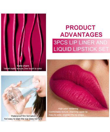 3Pcs Black Red Matte Lip Liner Pencil and Liquid Lipstick Set - Long Lasting & Waterproof 24-Hour Wear in Dark Red, Purple, Rose Pink - Original Matte Lipstick Set for Women - Buy Online on GoSupps.com