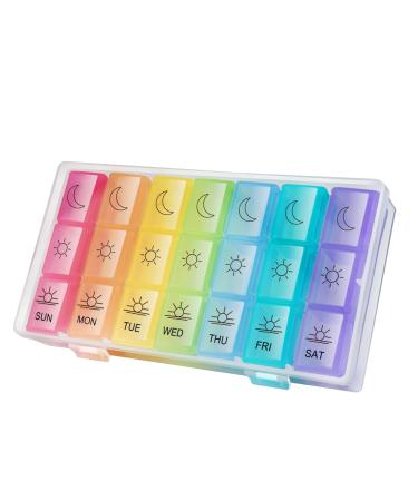 Weekly Pill Organizer 3 Times a Day, Travel Friendly Pill Box 7 Day with Large Compartments and Sturdy Design, Portable Medication Reminder for Vitamins/Fish Oils/Supplements Rainbow
