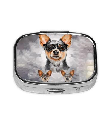 Pill Box Pill Case 2 Compartment Chihuahua Dog Glasses Print Cute Square Pill Organizer Portable Travel Medicine Organizer Stores for Purse Pocket