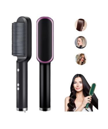2023 New Negative Ion Hair Straightener with 5 Temp 2 in 1 Brush and Curler Portable Electric Straightening Heated Styling Comb 10s Fast Heating Anti-Scald (Black)