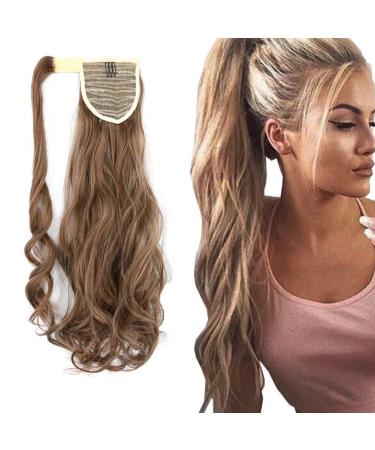 iLUU 18" 100g Ponytail Extension Long Curly Wavy Pony Tail Clip in Synthetic Hair Extension #12/613 Brown mixed with Bleach Blonde Natural Looking Hairpiece for Women Party 12/613-golden brown/bleach blonde