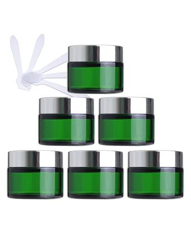 Zeoabsy 6 piece of empty green glass cream box 50ml with silver screw lid green glass screw box glass tinge glass socket ointment pot cosmetic socket for gels creams + 6x spatula silver 50ml
