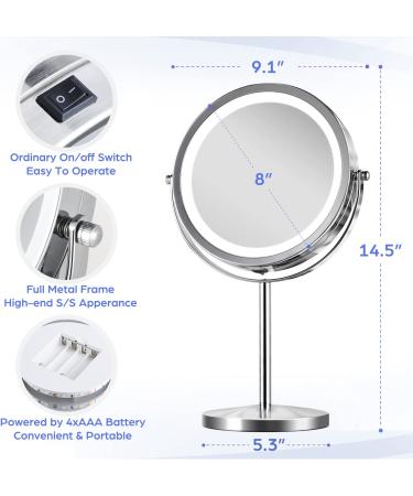M MIVONDA Lighted Makeup Mirror 1X/10X Magnifying with Stand, 8 Inch LED Double Sided Senior Metallic Silver, Cordless & Chrome Finish - Buy Online on GoSupps.com