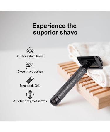 Classic Old Fashioned Safety Razor - Heavy Thick Handle Travel Size with 10 Double Edge Blades - Matte Black - Buy Online on GoSupps.com