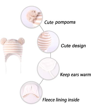 LANGZHEN Toddler Winter Hat | Earflap Knit Beanie for Baby Boys Girls 0-6 Months | Fleece Lined Cap in Beige-Stripe - Buy Online on GoSupps.com