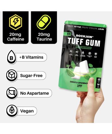 ROCKJAW Hard Jawline Gum 2.0 - Sugar-Free Chewing Gum with 20mg Caffeine & B Vitamins | Smooth Spearmint (2-Month Supply - Buy Online on GoSupps.com