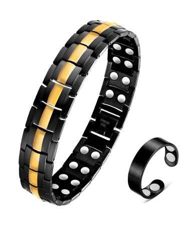 Vicmag Men Magnetic Bracelets Titanium Steel Magnet Bracelet Ultra Strength Double Row 3500 Gauss Wristband Brazaletes with Adjustment Tool & Jewelry Gift Box (Black Gold Line)